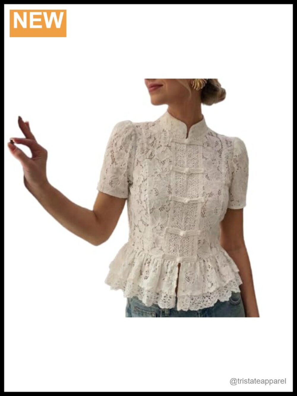 Cotton Spandex Lace Blouse Women See Through Stand Collar Short Sleeve Ruffle
